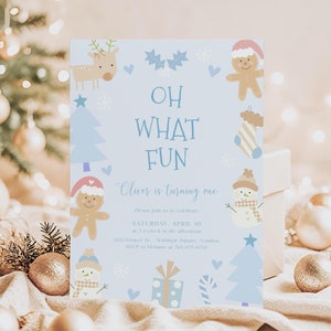 Oh What Fun Christmas Birthday Boy Invitation Template, 1st Birthday Digital Template, Winter Holiday Birthday Invite CP-7601
