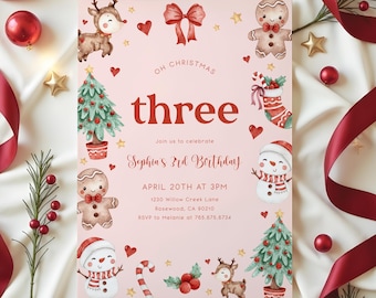 Christmas 3rd Birthday Invitation Template, Holiday Winter Theme (Digital)