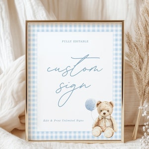 Gingham Teddy Bear Baby Shower Table Custom Sign, Bearly Wait Baby Shower Boy Digital Download, Editable Baby Shower Signage T-908A
