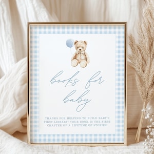 Gingham Teddy Bear Baby Shower Books for Baby Sign, Bearly Wait Baby Shower Boy Digital Download, Editable Baby Shower Signage T-908A