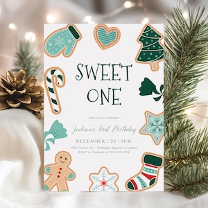 Christmas Sweet One Birthday Invitation Template, 1st Birthday Digital Template, Winter Holiday Birthday Boy Invitation CP-0099