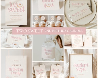 May include: A printable 2nd birthday party bundle with a donut theme. The bundle includes a welcome sign, cupcake toppers, thank you tags, water bottle labels, a time capsule printable, and a custom sign. The colors are pink, white, and gold.