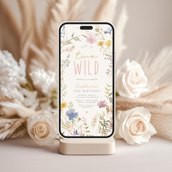 Two Wild Birthday Electronic Invitation Template, Editable 2nd Birthday Girl Digital Evite, Wildflower Birthday Party F-000