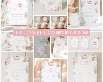 May include: A collection of pastel-colored party decorations with a "Two Sweet" theme. Includes invitations, thank you cards, cupcake toppers, a water bottle label, and a custom sign. The designs feature ice cream cones, donuts, and macarons.