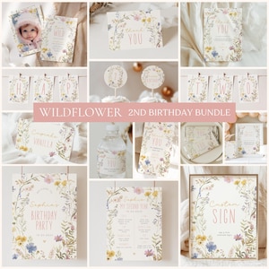 Wildflower 2nd Birthday Bundle Template, Editable Two Wild Birthday Girl Digital Invitation, Floral Bloom Birthday Party F-000