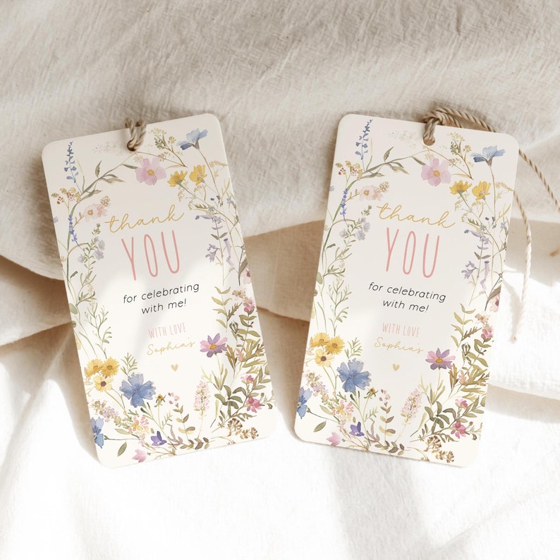 Editable Wildflower Birthday Favor Tag Template, First Birthday Girl Thank You Tag, Daisy Flower Birthday Party on Etsy - Image 1