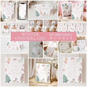 May include: A collage of party supplies with a winter theme, including invitations, cupcake toppers, and signs. The design features a ballerina, Christmas tree, and nutcracker in soft pink and green colors. Text includes "Winter Onederland" and "1st Birthday Bundle."