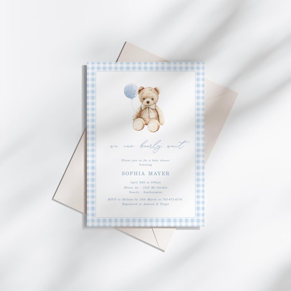 Bearly Wait Teddy Bear Baby Shower Boy Invitation Template, Digital Download Printable Baby Shower Invitation T-908A