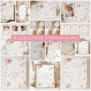 Wild ONE Birthday Bundle Template, Editable Wildflower 1st Birthday Girl Package, Floral Butterfly Birthday Party, Instant Download F-06J09