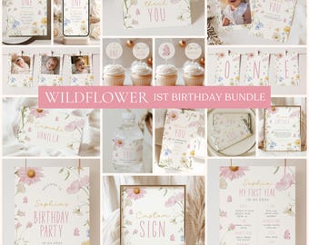 Wildflower 1st Birthday Girl Bundle, Editable Floral Party (Instant Download)