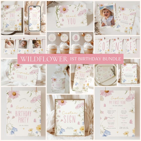 Wild ONE Birthday Bundle Template, Editable Wildflower 1st Birthday Girl Package, Floral Butterfly Birthday Party, Instant Download F-06J09