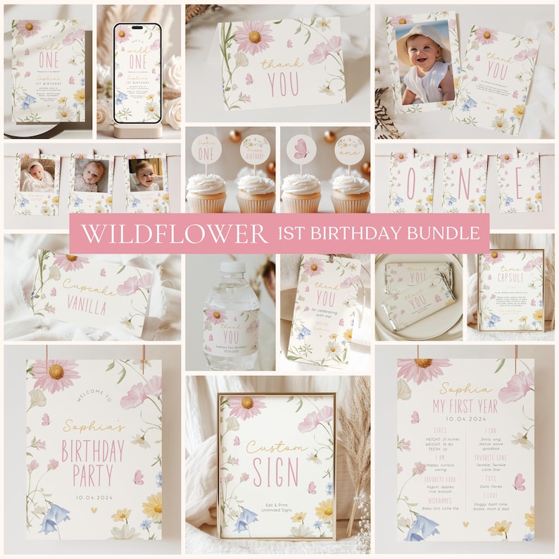 Wild ONE Birthday Bundle Template, Editable Wildflower 1st Birthday Girl Package, Floral Bloom Birthday Party, Instant Download on Etsy - Image 1
