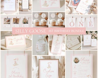 May include: A collection of pink and white party supplies with a "Silly Goose" theme, including invitations, cupcake toppers, water bottle labels, and a custom sign. The text "Thank You", "One", and "Olivia's 1st Birthday" are visible.