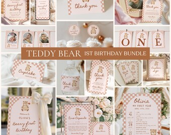May include: A selection of teddy bear-themed decorations for a 1st birthday celebration. The set includes invitations, thank you cards, cupcake toppers, water bottle labels, and a custom sign. The design features a pink and white gingham pattern.