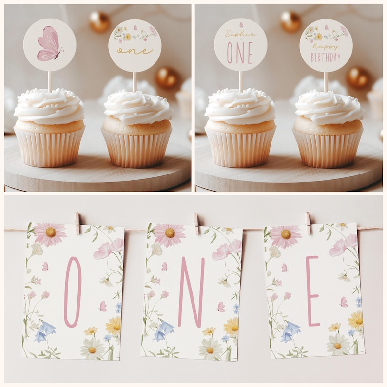 May include: A set of floral themed party decorations for a first birthday. The set includes three cupcake toppers with butterflies and the word "one" and three banner pieces with the word "one" on a floral background.