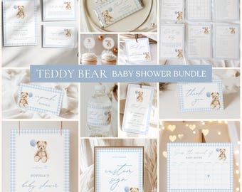 Gingham Teddy Bear Baby Shower Bundle, Editable Template (Digital Download)