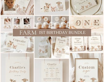 Puede incluir: Un conjunto imprimible de decoraciones de fiesta con temática de granja para un primer cumpleaños. El conjunto incluye un cartel de bienvenida, adornos para cupcakes, etiquetas de agradecimiento, una cápsula del tiempo, un cartel de adopción de animales, un cartel personalizado y una impresión para una etiqueta de botella de agua. Las decoraciones presentan una vaca, un cerdo y una oveja en ilustraciones de acuarela.