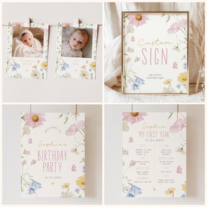 May include: A set of printable floral-themed signs for a first birthday party. The signs feature a watercolor floral design with butterflies and text that says "Welcome to Sophia's Birthday Party 10.04.2024" and "Sophia My First Year 10.04.2024".