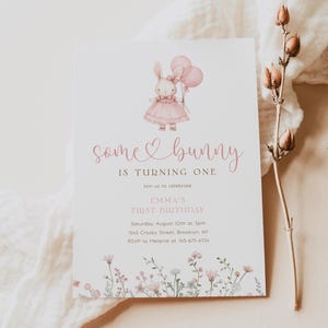 Editable Bunny Birthday Invitation Template, Some Bunny is Turning One Invitation, Floral First Birthday Girl Easter Rabbit Invite - B-0P98