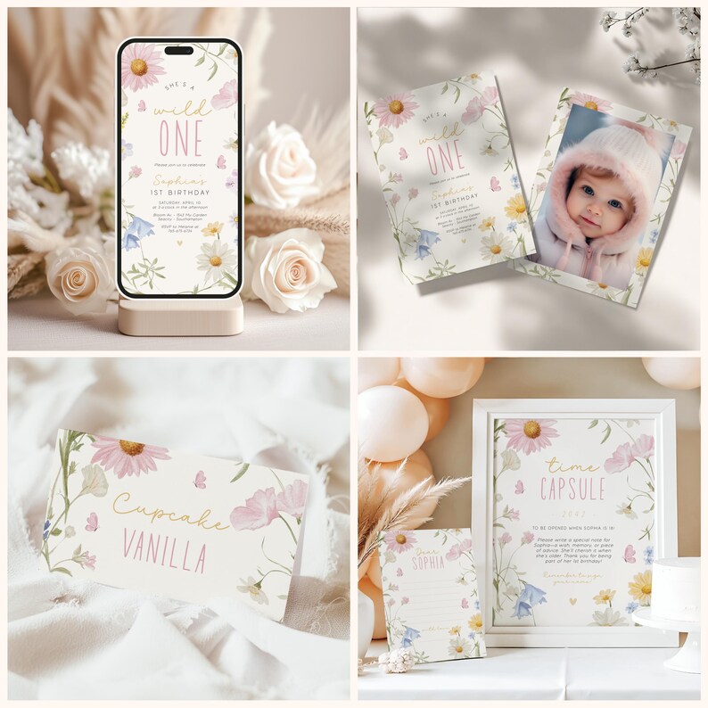 Wild ONE Birthday Bundle Template, Editable Wildflower 1st Birthday Girl Package, Floral Bloom Birthday Party, Instant Download on Etsy - Image 2