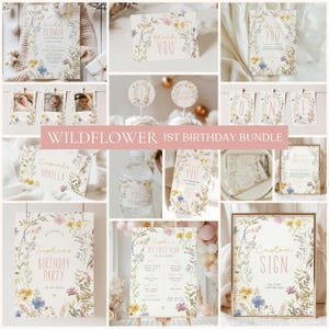 May include: A printable set of 1st birthday party decorations featuring a wildflower theme. The set includes a welcome sign, a sign with the text "My First Year", a sign with the text "Custom Sign", a thank you card, a cupcake topper, a water bottle label, and a favour tag. The decorations are in shades of pink, yellow, and blue.