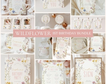 Wildflower 1st Birthday Girl Party Bundle, Floral Theme (Digital Download)