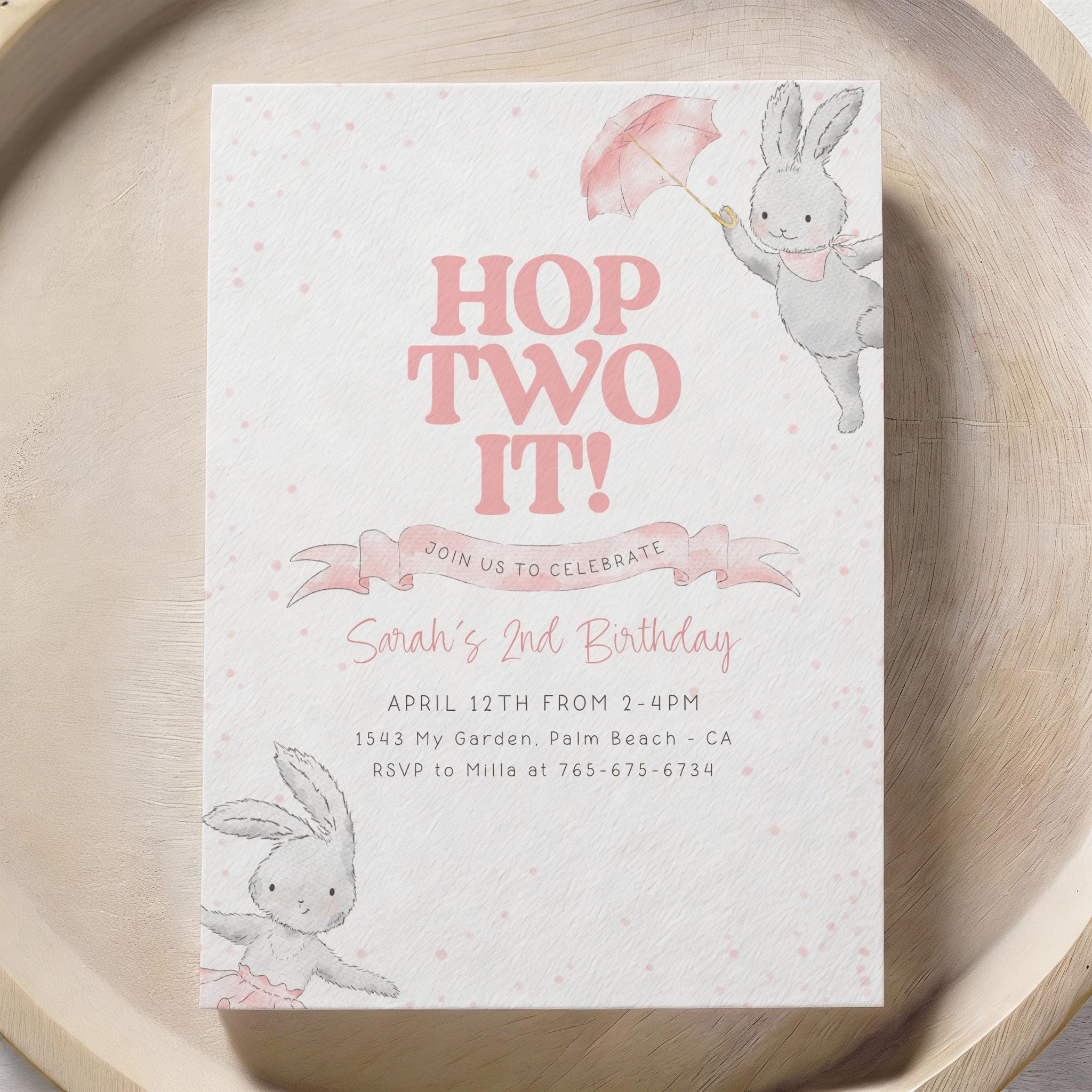 Hop Two Hop TWO It Easter Bunny 2nd Birthday Invitation Template, Editable ...