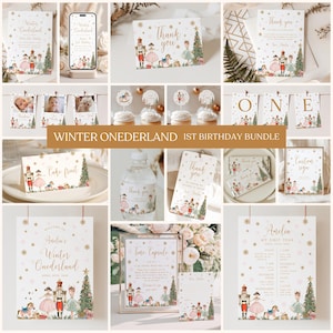 May include: A collection of party supplies with a winter theme. The items include invitations, thank you cards, cupcake toppers, and a welcome sign. The text "Winter Onederland 1st Birthday Bundle" is visible. The designs feature a nutcracker, a ballerina, and a Christmas tree.