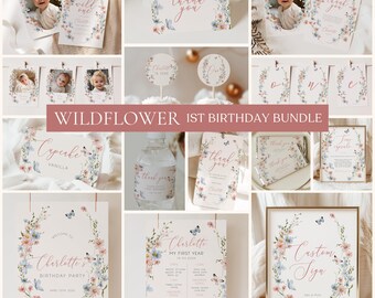 Wildflower 1st Birthday Invitation Bundle, Editable Floral Party (Digital Download)