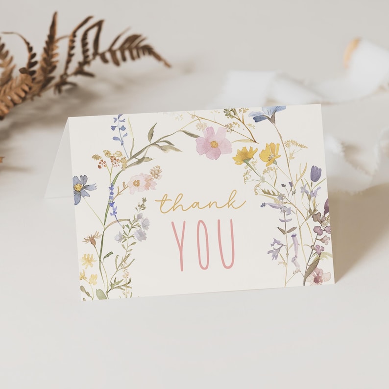 Wildflower Birthday Thank You Card, Editable Floral Template (digital ...