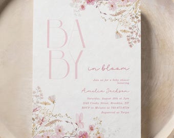 Baby in Bloom Shower Invitation, Floral Invite, Girl Baby Shower, Pink Flowers