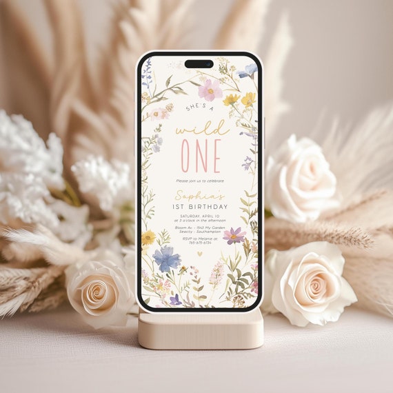 Wild One Birthday Digital Invitation Template, Editable 1st Birthday Girl Inline Invitation, Wildflower Birthday Party E-Invite F-000