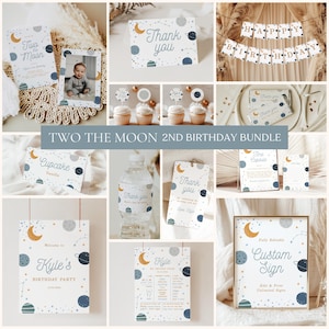 Two the Moon Editable Birthday Boy Bundle Template, Space Galaxy Birthday Party Decor, Outer Space Birthday Bundle G-J902