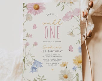 Wildflower 1st Birthday Invitation, Butterfly Girl, Editable Template (Digital Download)