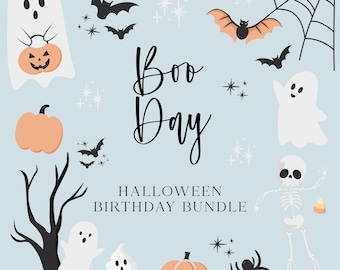 Puede incluir: Un paquete de imprimibles para una fiesta de cumpleaños de Halloween azul y blanco con el texto "Boo Day" y imágenes de fantasmas, calabazas, murciélagos, arañas y un esqueleto.