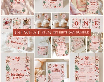 Oh What Fun Christmas Birthday Package Template, 1st Birthday Christmas Bundle, Winter Holiday Birthday Girl Bundle CP-7803