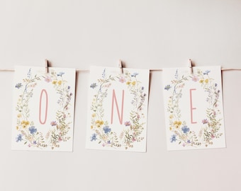 Wild One Birthday High Chair Banner Template, Editable Birthday Girl Party Template, Wildflower 1st Birthday Flag Banner Sign F-000