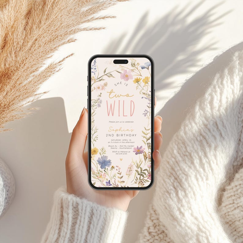 Two Wild Birthday Electronic Invitation Template, Editable 2nd Birthday Girl Digital Evite, Wildflower Birthday Party on Etsy - Image 2
