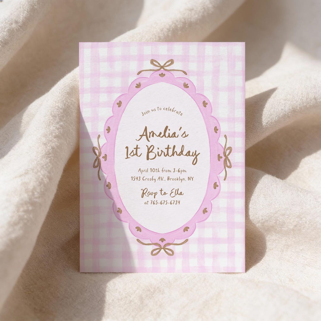 Pink Gingham First Birthday Invitation Girl, Bow Coquette Scalloped ...