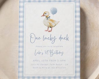 One Lucky Duck Birthday Invitation Template, Blue Gingham (Digital Invite)