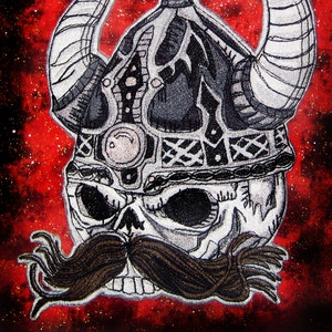 May include: Embroidered patch of a skull wearing a horned helmet with a mustache. The skull is white with black eyes and a black mouth. The helmet is silver with black details. The horns are silver with black stripes. The mustache is brown. The background is a red and black galaxy.