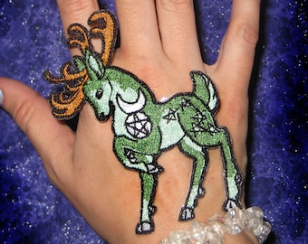 Horned God Green Man Moon Phase Deer Patch  Iron on Patch or Sew on