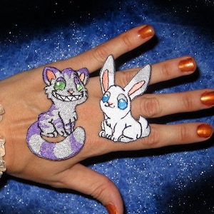 Kawaii Cheshire cat and White Rabbit Pair Iron on Patch