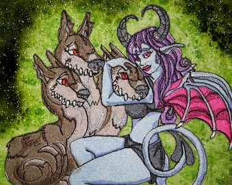 Demon Girl and Cerberus 3 headed hell hound Iron on Patch Sew on Applique embroidered Blue