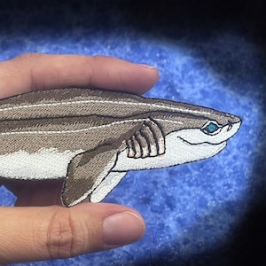 May include: A brown and white embroidered shark patch with blue eyes. The patch is held in a hand with a multi-coloured beaded bracelet. The text "WWW.SpiderStitches.com" is visible in the top left corner of the image.