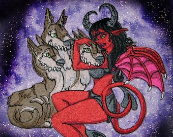 Demon Girl and Cerberus 3 headed hell hound Iron on Patch Sew on Applique embroidered Red