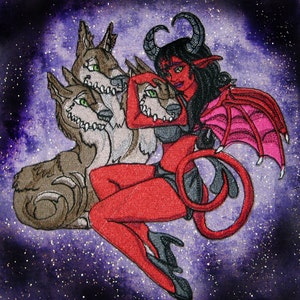 May include: Embroidered patch featuring a red devil-like figure with horns, wings, and a tail, embracing three wolf-like creatures. The background is a starry purple and blue gradient. The patch has detailed stitching.