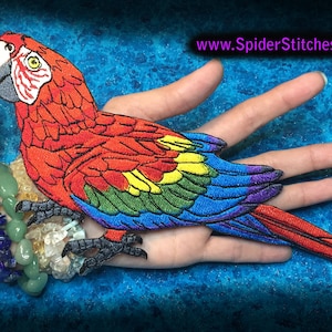 Könnte beinhalten: Gestickter Papageien-Patch in Rot, Gelb, Grün und Blau. Der Patch befindet sich auf einer Hand, im Hintergrund ist die Website www.SpiderStitches.com zu sehen.
