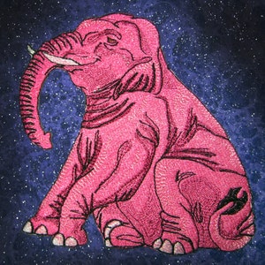 May include: A pink embroidered elephant sitting on a dark blue background with silver glitter.