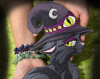 Enorme geborduurde opstrijkpatch zwarte kat heks - Halloweendecor